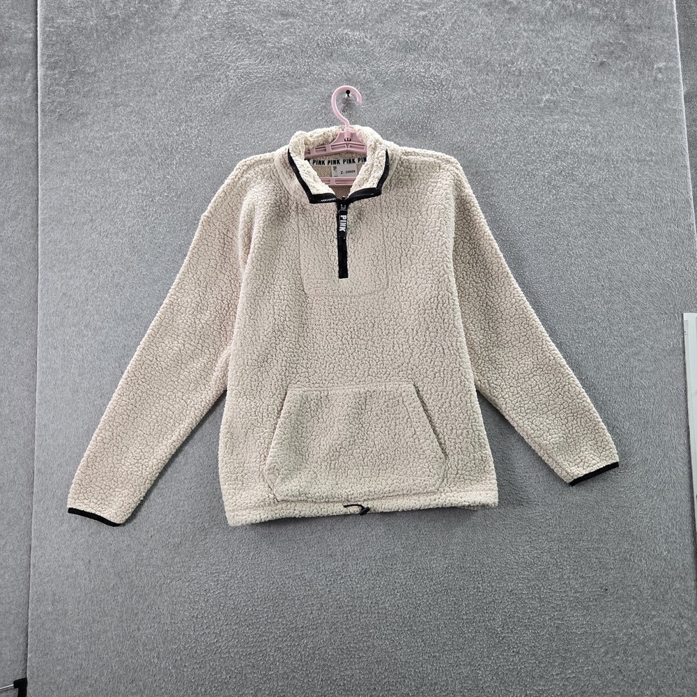 PINK Victoria's Secret Women Sweatshirt Beige Fleece Sherpa Pullover